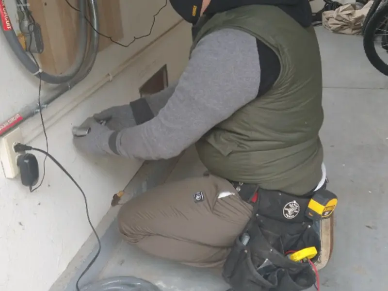 Electrician performing outlet wiring in a Annetta garage